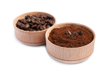 Bowls of ground coffee and beans on white background