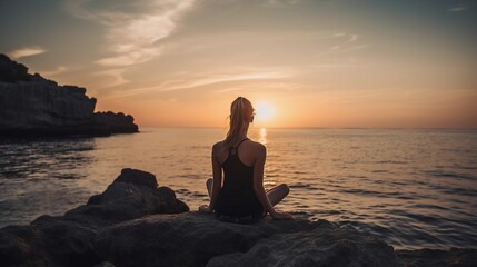 Young woman practicing yoga by the sea at sunset, Beautiful girl meditate outdoor, Harmony, meditation, healthy lifestyle and travel concept