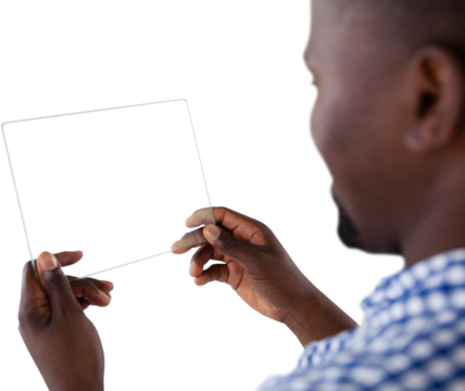 Close-up of man holding futuristic digital tablet