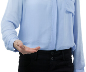 Businesswoman gesturing against white background