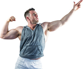 Handsome bodybuilder posing with arms up