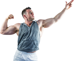Handsome bodybuilder posing with arms up