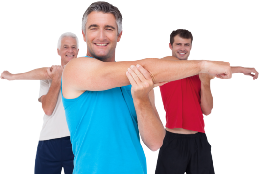 Fit men stretching their arms