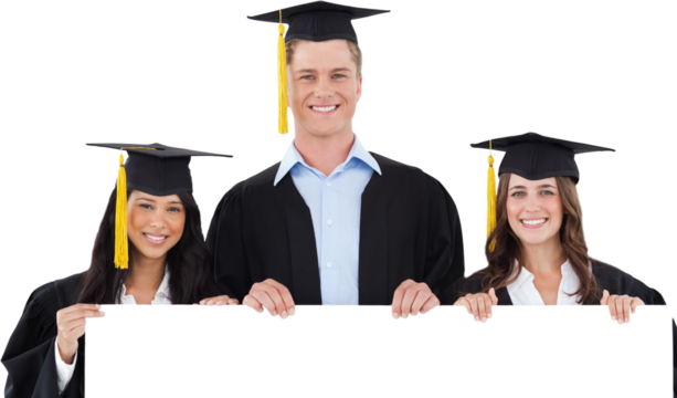 Three students having graduated holding a blank poster