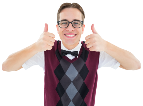 Smiling geeky hipster looking at camera showing thumbs up