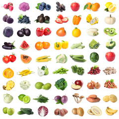 Assortment of fresh fruits and vegetables on white background, collage design