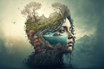 relaxing stress free mind abstract double exposure, ocean meditation calm green nature earth with human head young , generative ai, tree roots	