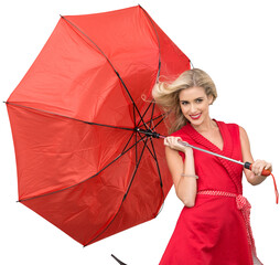 Smiling blonde holding umbrella