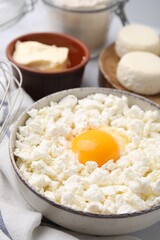 Different ingredients on table, closeup. Cooking cottage cheese pancakes