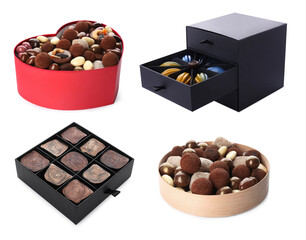 Set of boxes with tasty different chocolate candies on white background