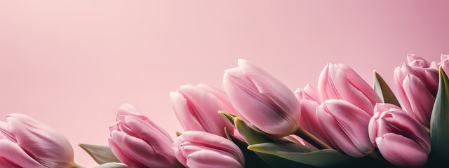 Mother's Day banner with pink tulips on a pink backdrop