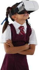 Schoolgirl wearing virtual reality headset enjoying with arms crossed