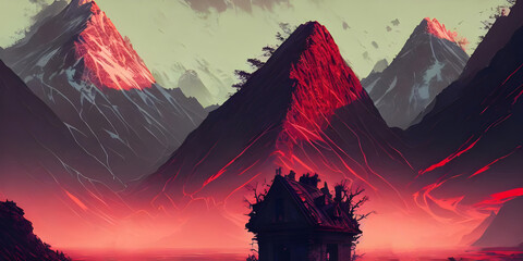 Artistic abstract painting of fantasy mountains landscape, digital art illustration, wallpaper, Generative AI