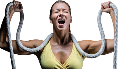 Angry woman holding rope around neck with arms raised