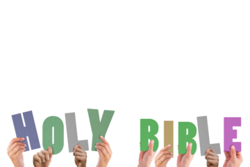 Cropped hands holding colorful words holy bible