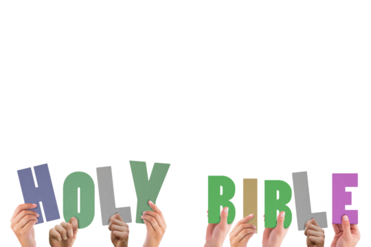Cropped hands holding colorful words holy bible