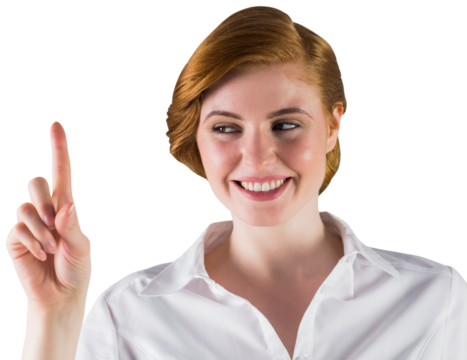 Businesswoman smiling and pointing - Powered by Adobe