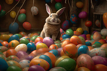 Fototapeta na wymiar Bunny is floating on top of dozens of easter eggs. Generative AI