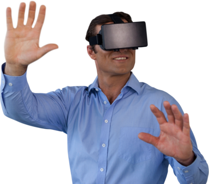 Smiling businessman gesturing while wearing vr glasses