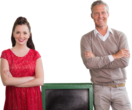 Portrait of confident man and woman with chalkboard