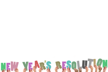 Colorful alphabet spelling new years resolution held up by people 