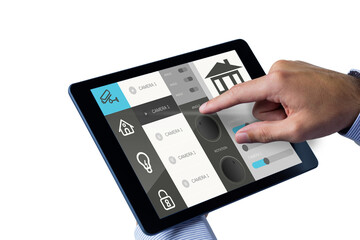 Person with digital tablet over white background