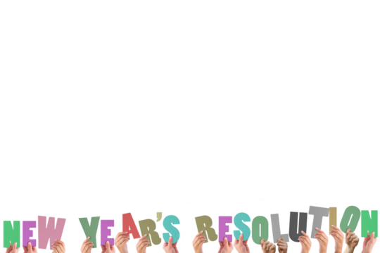 Colorful alphabet spelling new years resolution held up by people 