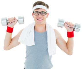 Geeky hipster lifting dumbbells in sportswear