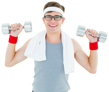 Geeky hipster lifting dumbbells in sportswear