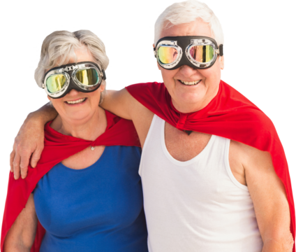 Senior man and woman standing with arm around