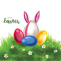 Happy easter colorful painted egg and rabbit ears holiday card background