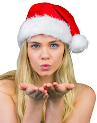 Blonde with bare shoulders in santa hat