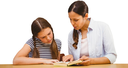 Teacher and girl reading book in library