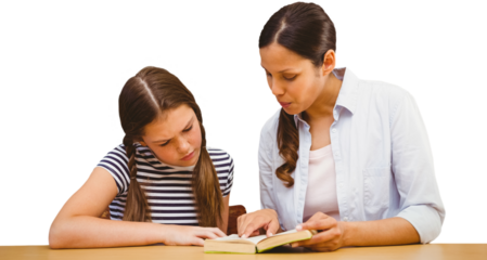 Teacher and girl reading book in library