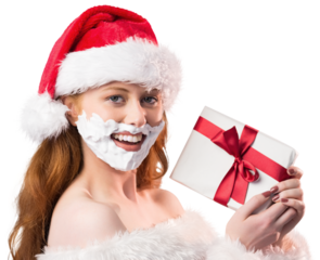 Festive redhead in foam beard holding gift