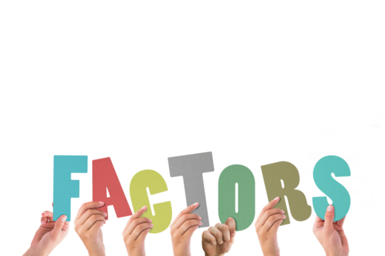 Colorful alphabet spelling factors held up by people - Powered by Adobe