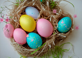 Fototapeta na wymiar Ein Osternest mit bunten teilweise bemalten Eiern