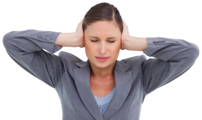 Close up of annoyed tradeswoman covering her ears