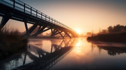 Fototapeta premium Bridge over water with the sunrise in the background, creating a beautiful silhouette, AI generative warm golden landscape