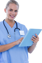 happy female doctor holding clipboard 