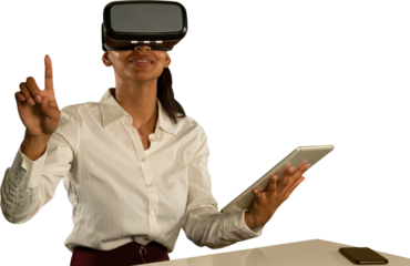Female use virtual reality headset and digital tablet