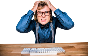 Angry hipster businessman holding his hairs