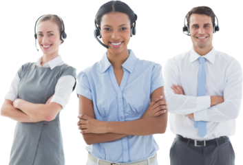 Portrait of call center executives standing with arms crossed
