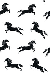 Vector seamless pattern of hand drawn sketch black dressage horse jumping isolated on white background