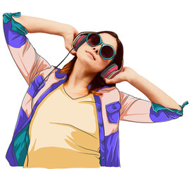Illustration of woman listening music on headphones
