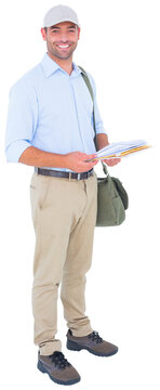 Full length portrait of happy postman with letters