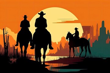 Silhouette Of Cowboy Gang With A Sunset In The Background