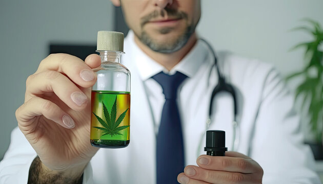 Doctor holding CBD Oil glass bottle with Marijuana leaves , Cannabis liquid, Generative AI Technology