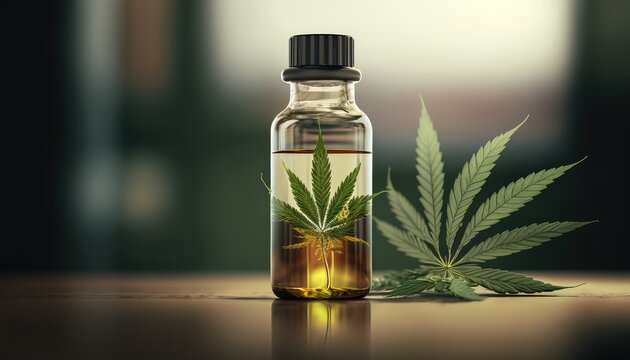 CBD Oil glass bottle with Marijuana leaves , Cannabis liquid, Generative AI Technology
