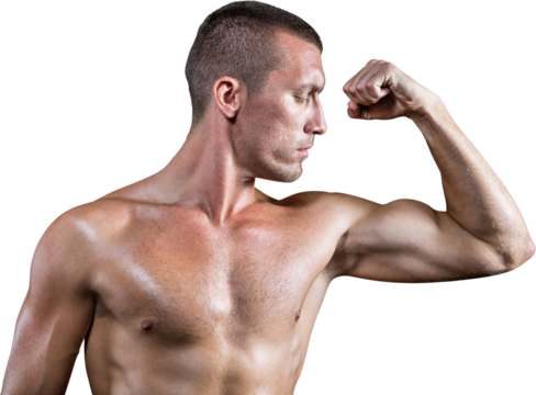 Serious shirtless athlete flexing muscles